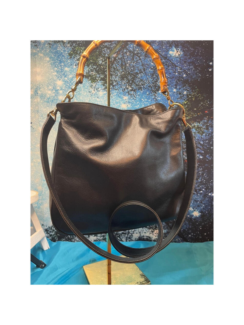 Women's Gucci Black Leather Bamboo Handle Shoulder Bag Purse Excel Cond
